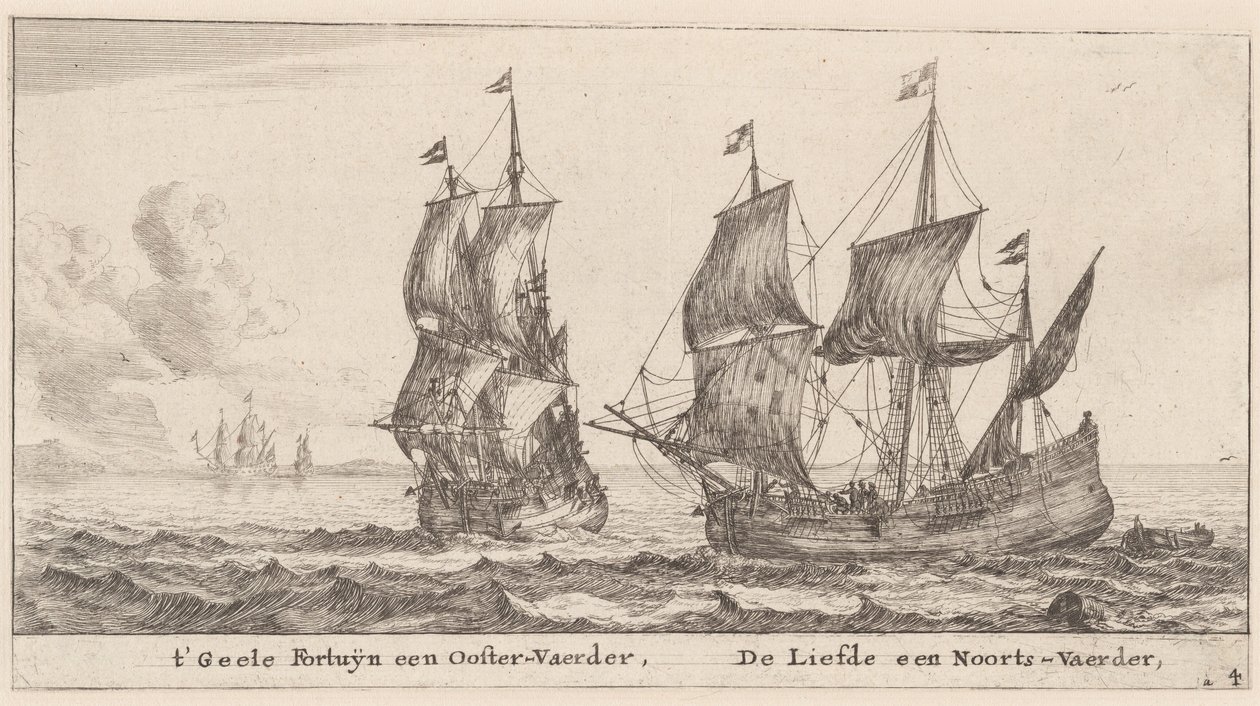 Due mercantili: il "Geele Fortuÿn," che commercia nel Baltico, e il "Liefde," che commercia in Norvegia da Reinier Nooms, called Zeeman