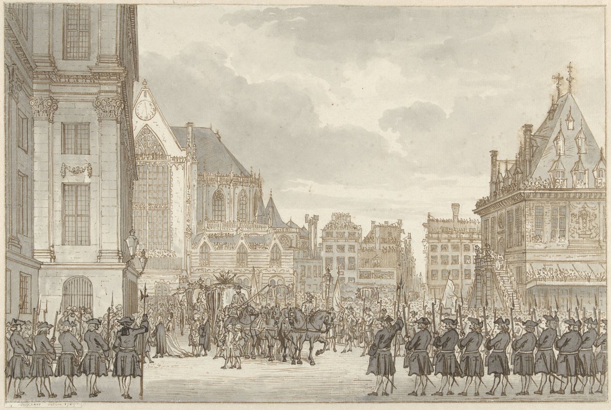 Arrivo del Principe Guglielmo V e Frederica Sofia Guglielmina di Prussia al Municipio sulla Piazza Dam ad Amsterdam, 30 maggio 1768 da Reinier Vinkeles (I)