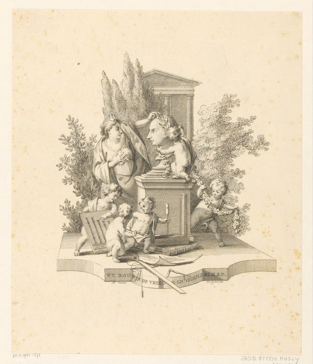 Rappresentazione allegorica con un busto di Jacob Otten Huslij da Reinier Vinkeles (I)
