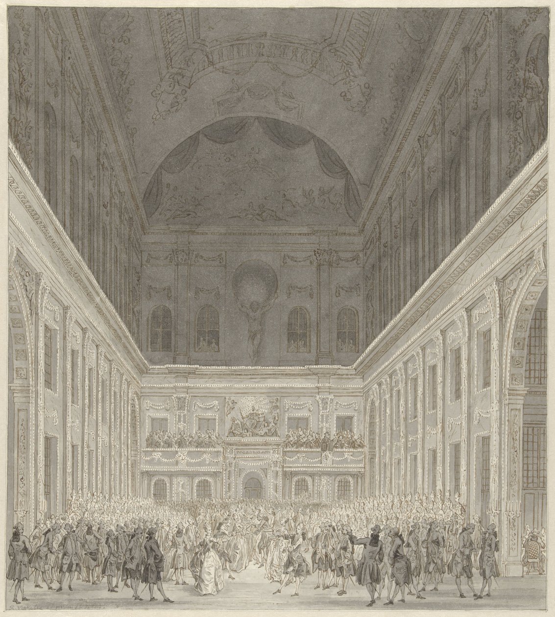 Ballo nella Sala Civica del Municipio di Amsterdam in onore della visita del Principe Guglielmo V e Guglielmina di Prussia, giugno 1768 da Reinier Vinkeles (I)
