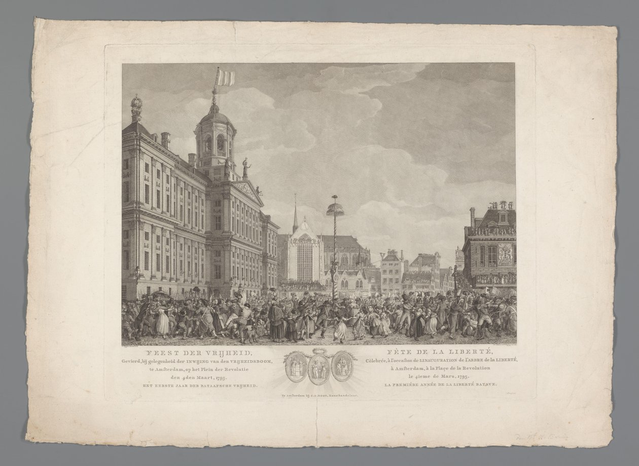 Festa della Libertà a Piazza Dam ad Amsterdam, 4 marzo 1795 (Feest der Vrijheid, Gevierd, bij gelegenheid der Inwijding van den Vrijheidsboom, te Amsterdam, op het Plein der Revolutie den 4den Maart, 1795. Het eerste jaar der Bataafsche Vrijheid / Fête de  da Reinier Vinkeles (I)