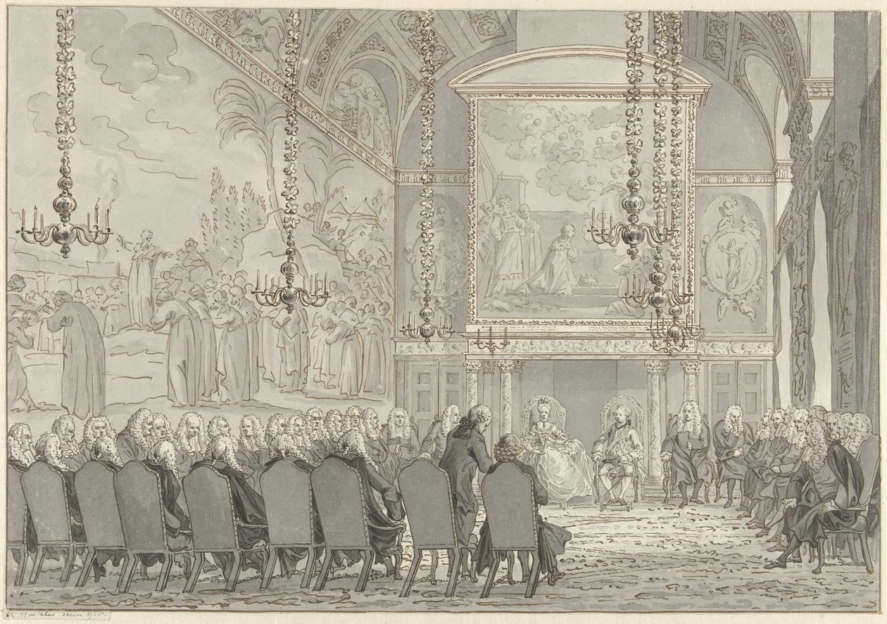Accoglienza del Principe Guglielmo V e Guglielmina di Prussia nella Sala del Consiglio del Municipio di Amsterdam da Reinier Vinkeles (I)