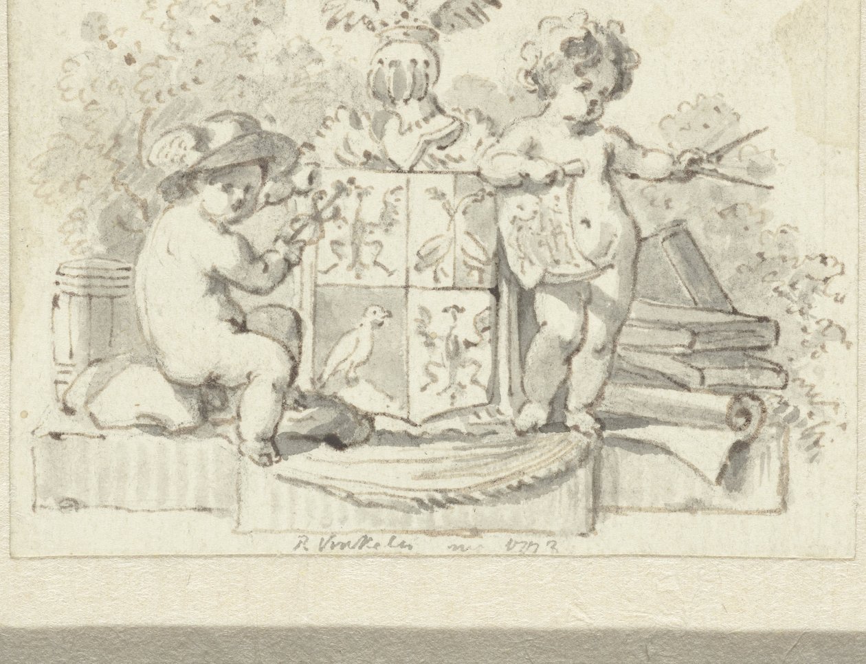 Due putti, con compasso e caduceo, presso lo stemma di Schoemaker da Reinier Vinkeles (I)