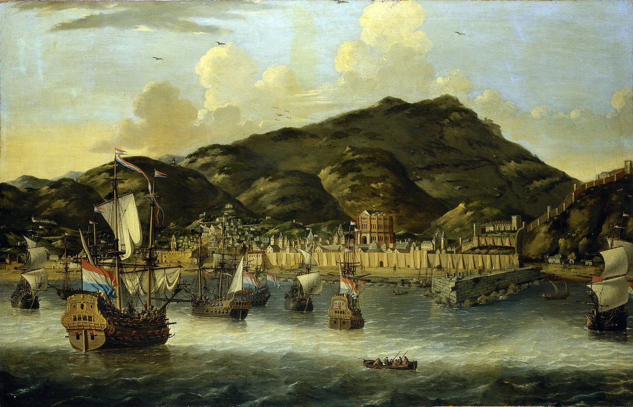 Navi olandesi al largo della costa di Tripoli (Libia), con le mura fortificate del porto e della città da Reinier Zeeman