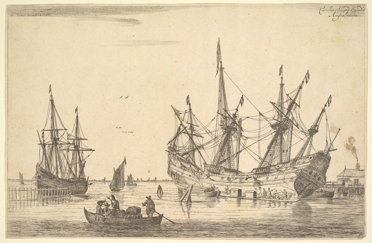 Uomini che calafatano lo scafo di una nave da Reinier Zeeman