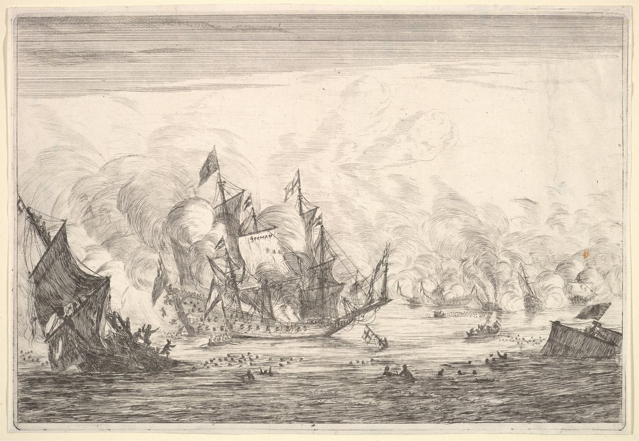 Battaglia navale con una nave inglese che affonda a sinistra, da Battaglie navali Nieuwe Sc..., 1652-54 da Reinier Zeeman