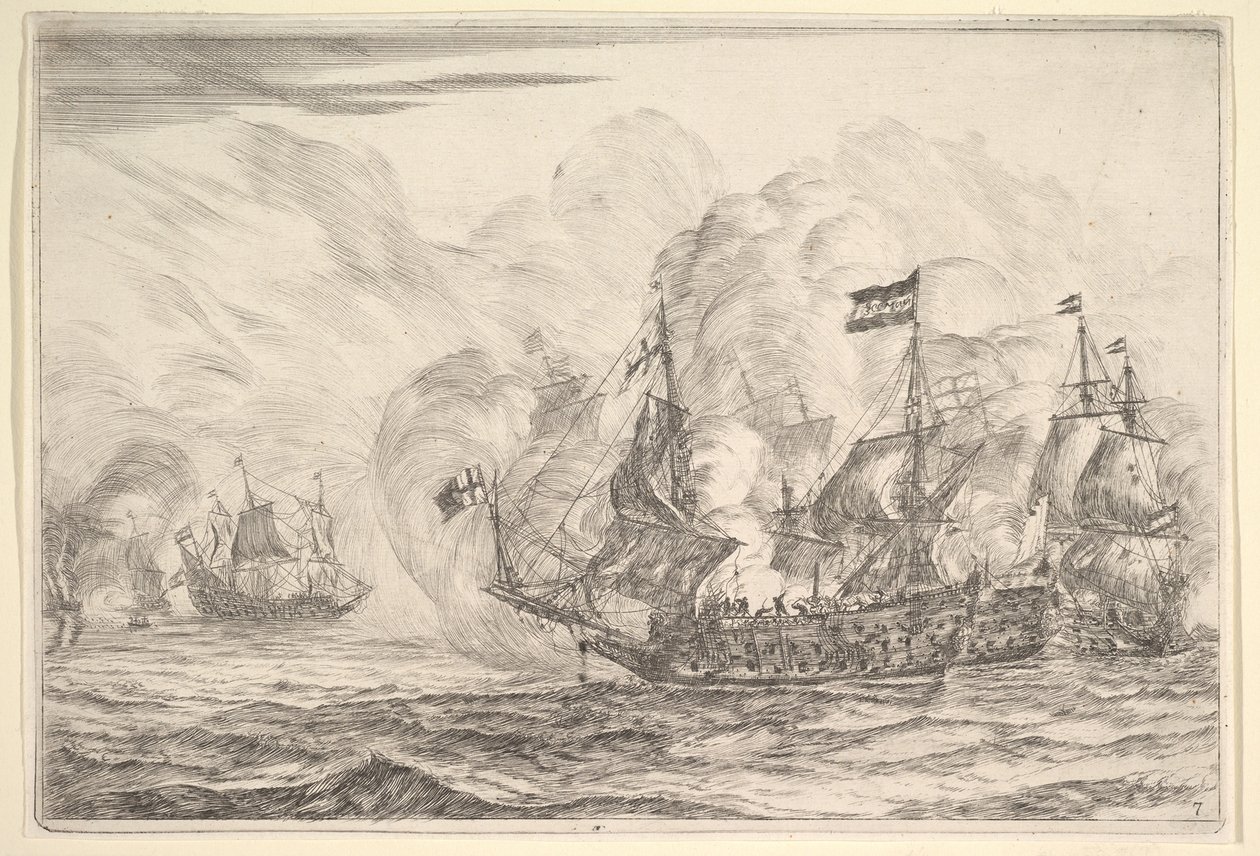 Scontro navale con tre navi a destra, dalle Battaglie Navali Nieuwe Scheeps Bat..., 1652-54 da Reinier Zeeman