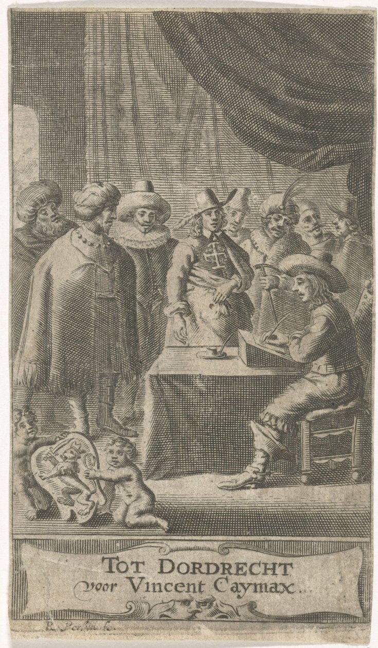 Mercante al tavolo di scrittura (Pagina del titolo per: J. van der Does e altri, Viaggi vari, 1652) da Reinier van Persijn