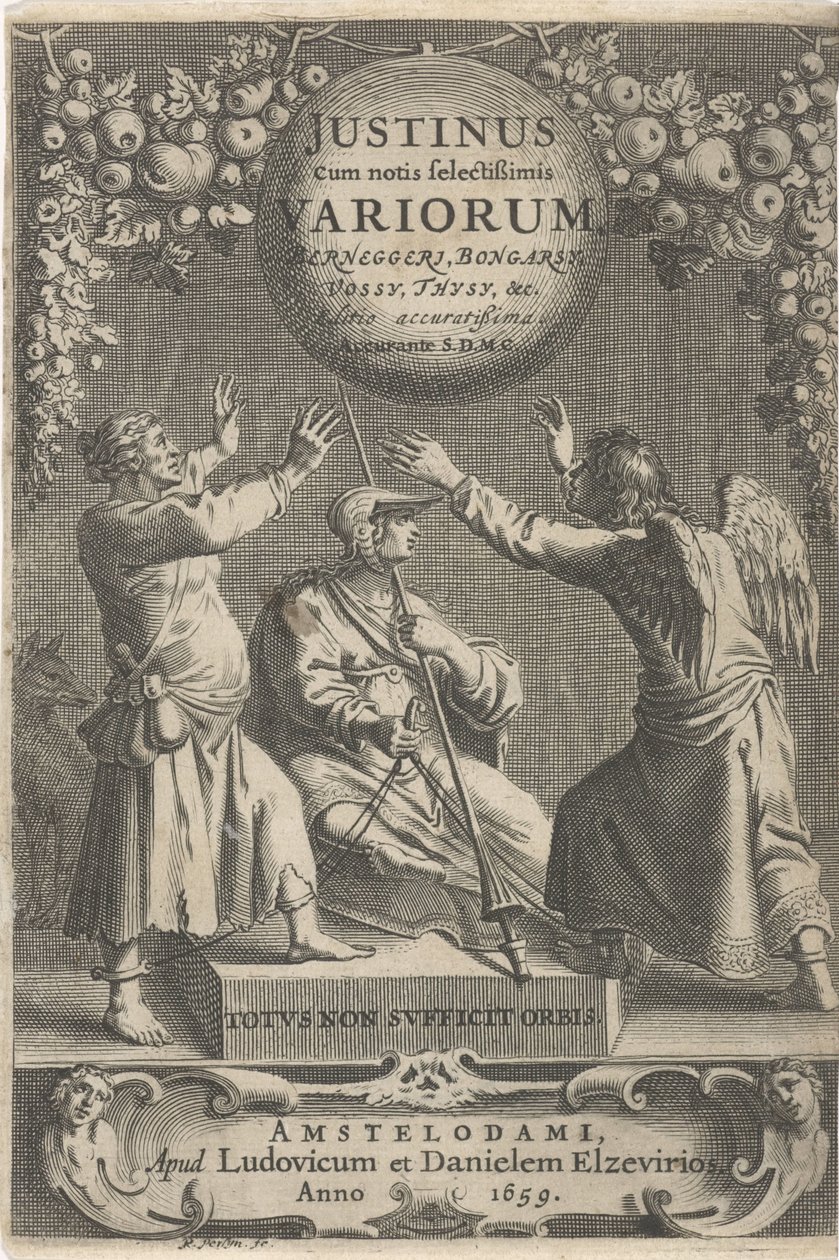 Minerva e due figure incatenate, pagina del titolo per: A. Thysius, Justinus cum notis selectissimis variorum Berneggerj, Bongarsy, Vossy, Thysy, &c, 1659 da Reinier van Persijn