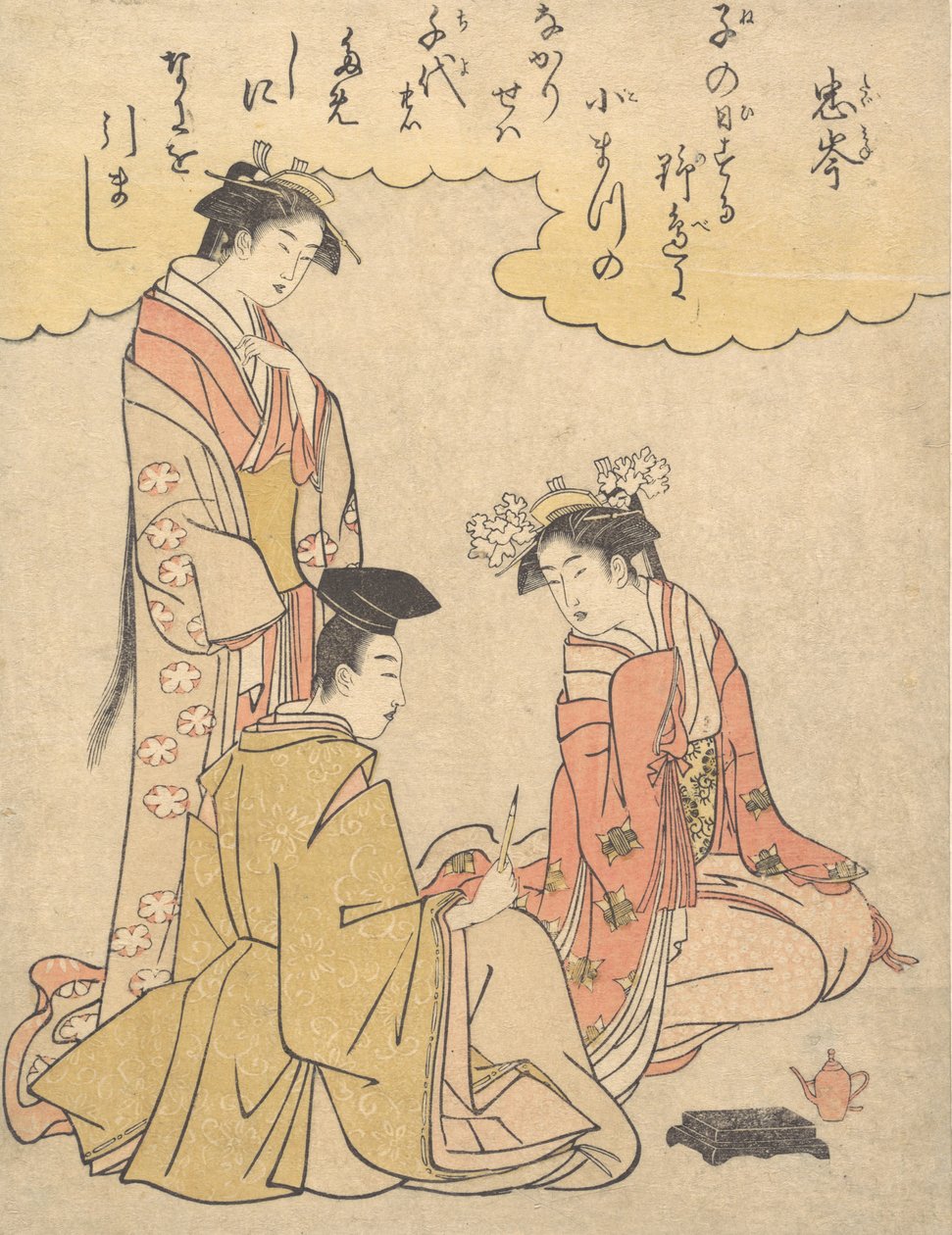 Cortigiano e due dame di corte, con una poesia di Mibu no Tadamine, ca. 1791 da Chōkyōsai Eiri