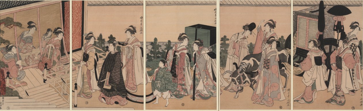 Processione Mitate di attendenti del palazzo che arrivano a una villa da Chōkyōsai Eiri