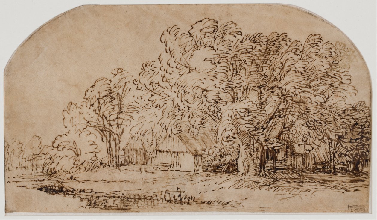 Paesaggio con cottage sotto alberi alti da Rembrandt van Rijn