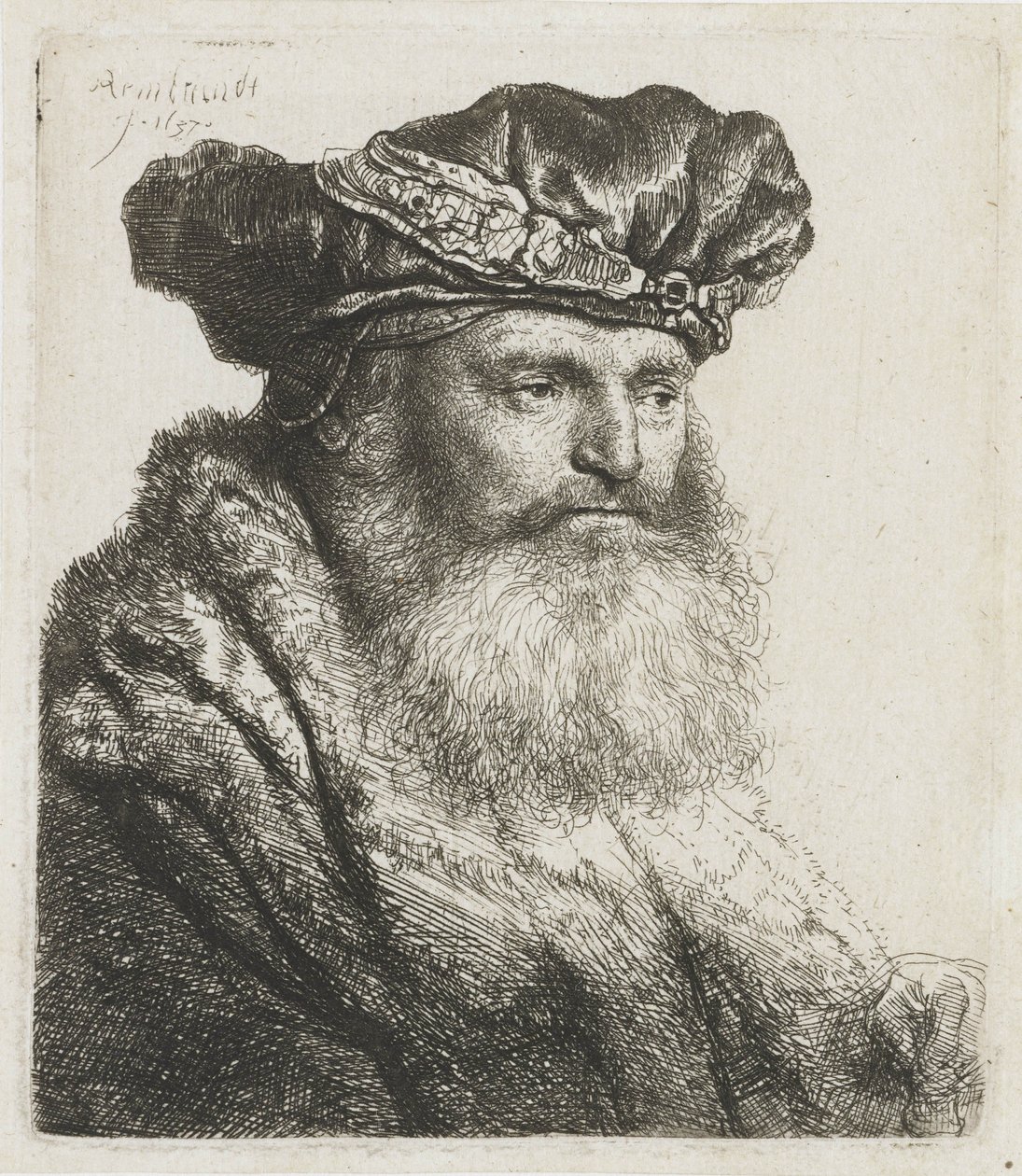Uomo barbuto con un berretto di velluto con una fibbia ingioiellata da Rembrandt van Rijn