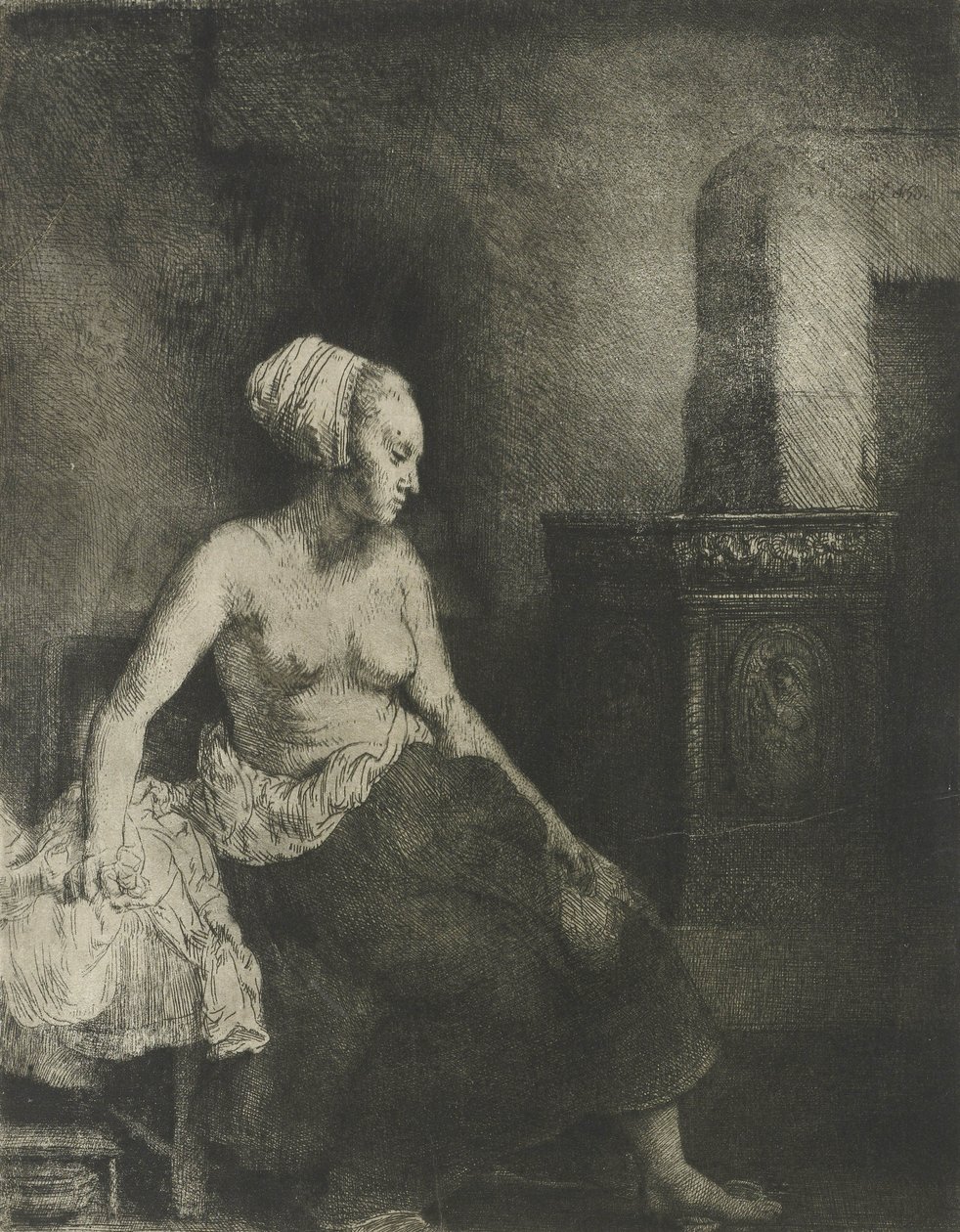 Donna mezza nuda vicino a una stufa, 1658 da Rembrandt van Rijn