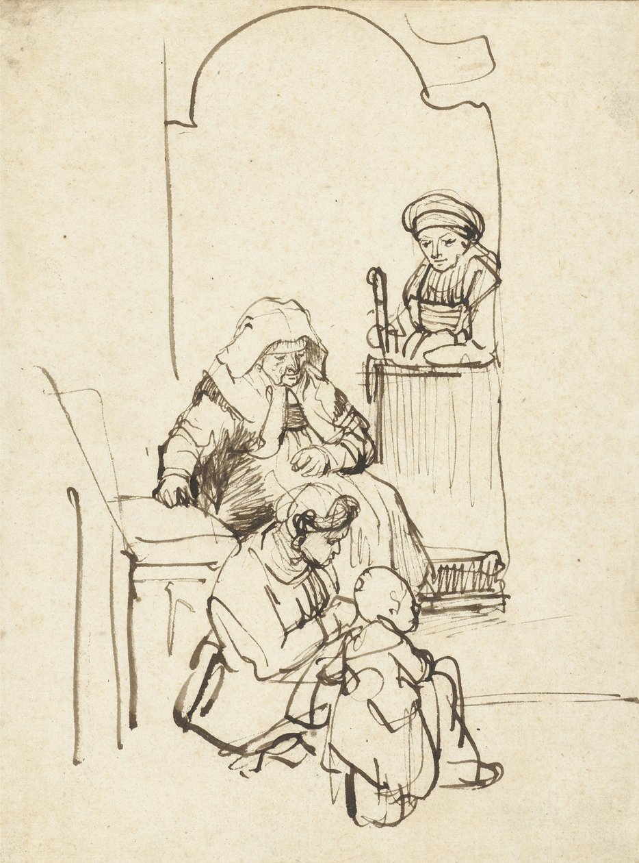 Tre donne e un bambino vicino a una porta, c.1645 da Rembrandt van Rijn