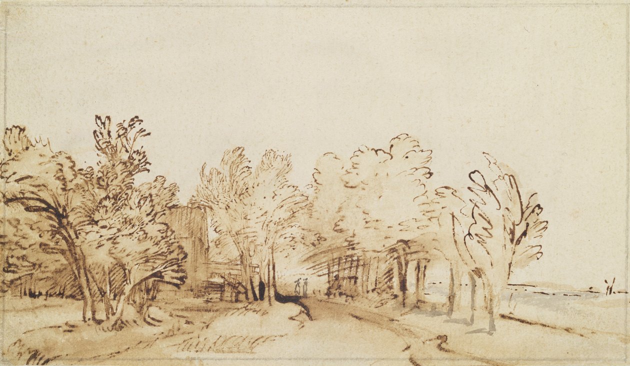 Viale con un sentiero e una fattoria a sinistra da Rembrandt van Rijn