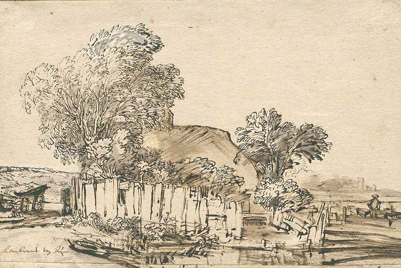 Casetta con recinzione di legno tra gli alberi da Rembrandt van Rijn
