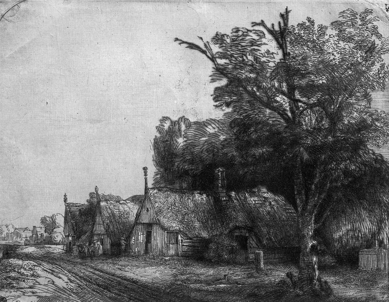 Paesaggio con tre cottage, 1650 da Rembrandt van Rijn