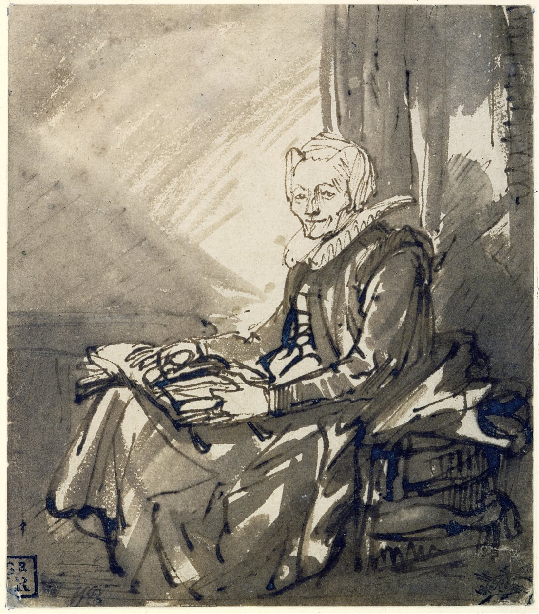 Donna seduta con un libro aperto in grembo da Rembrandt van Rijn