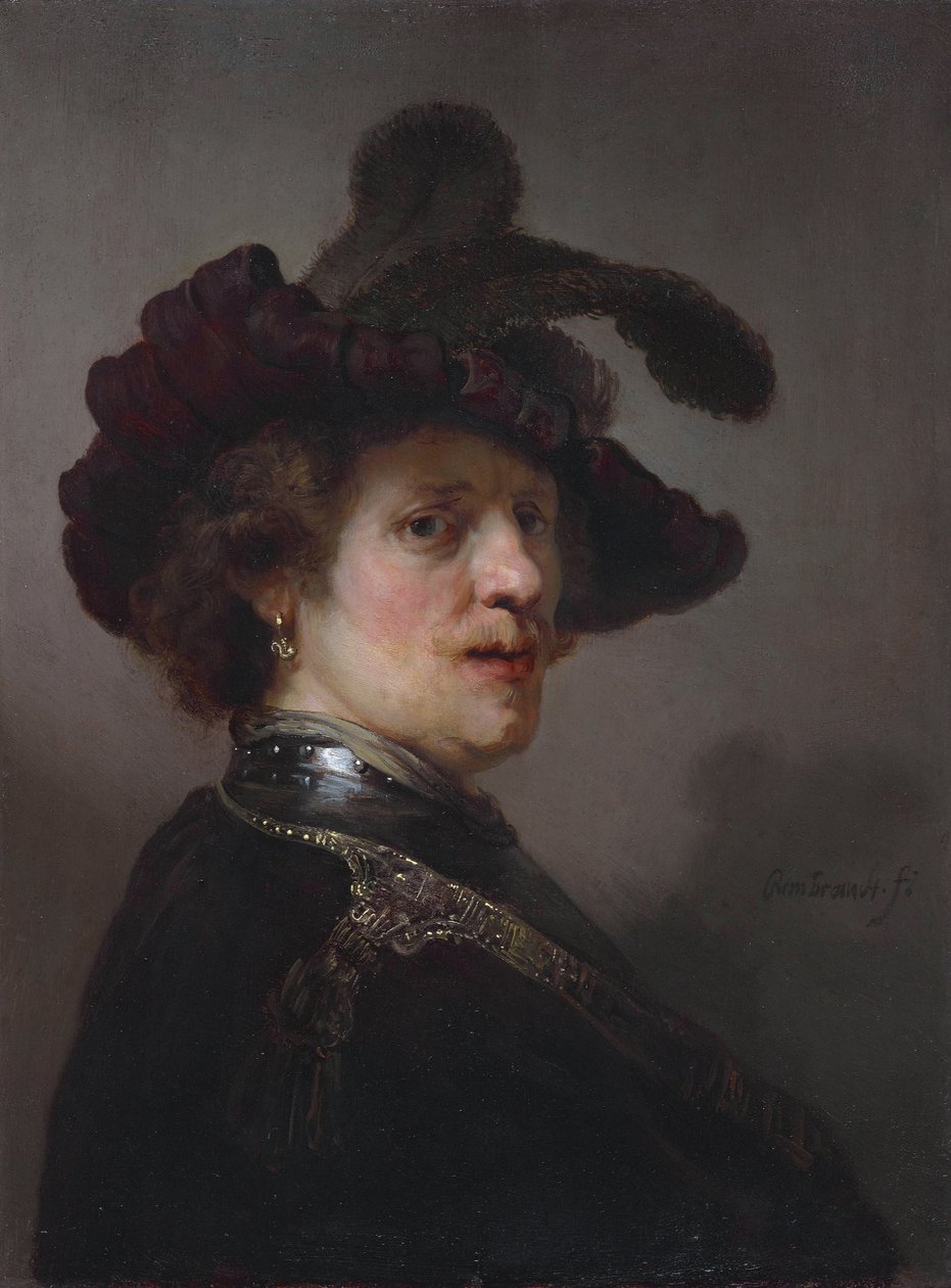 Tronie di un uomo con un berretto piumato da Rembrandt van Rijn