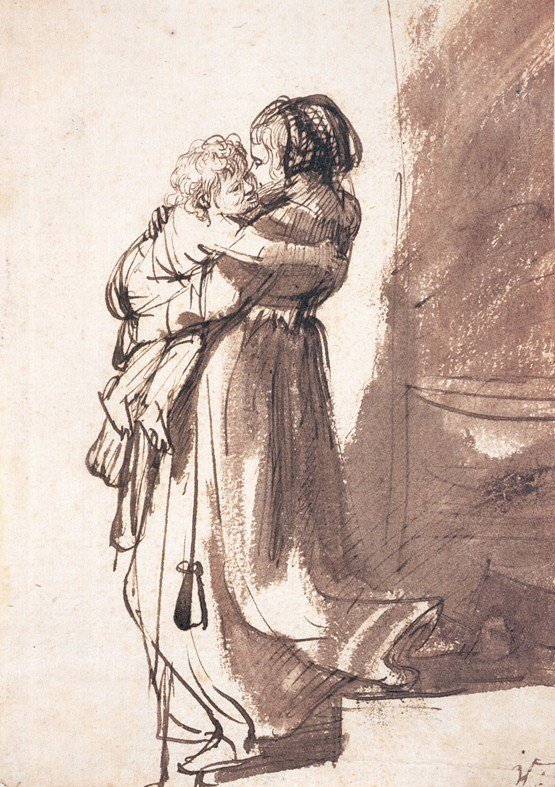 Donna che porta un bambino giù per le scale da Rembrandt van Rijn