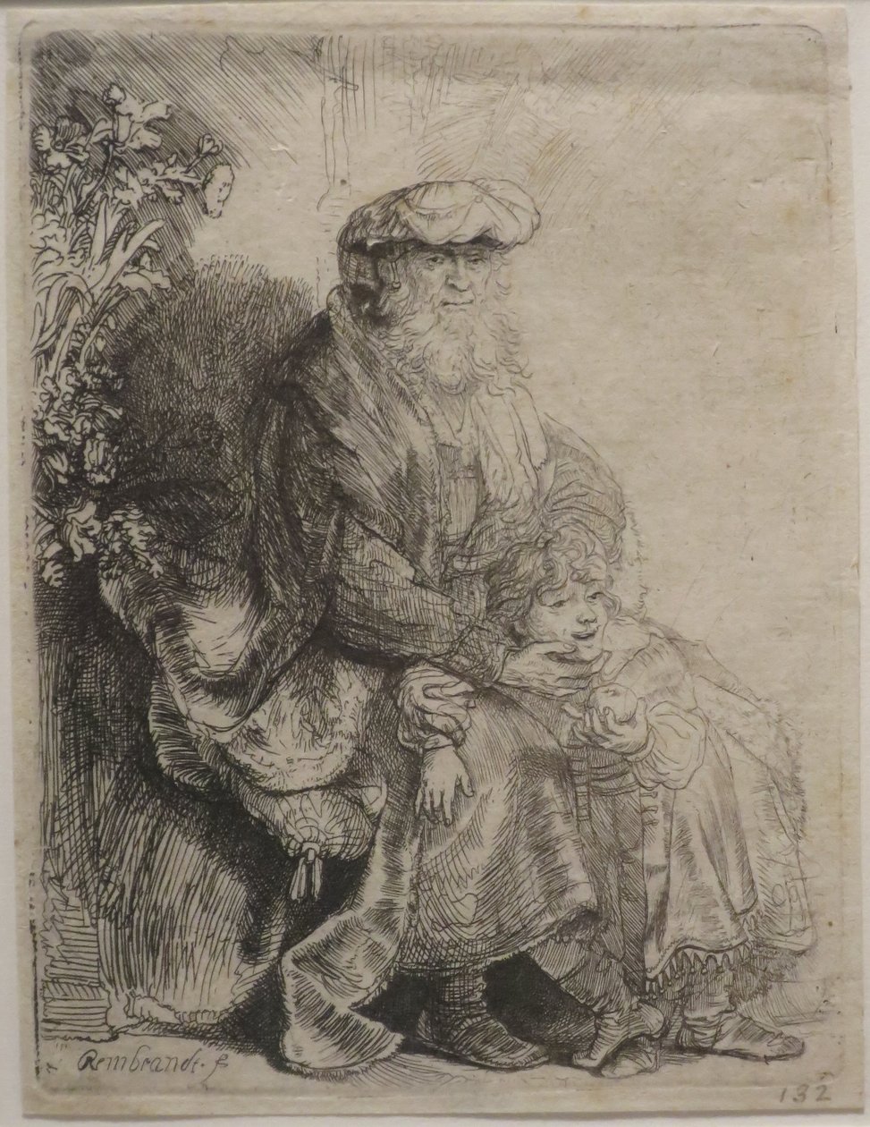 Abramo che accarezza Isacco", acquaforte di Rembrandt, Museo d