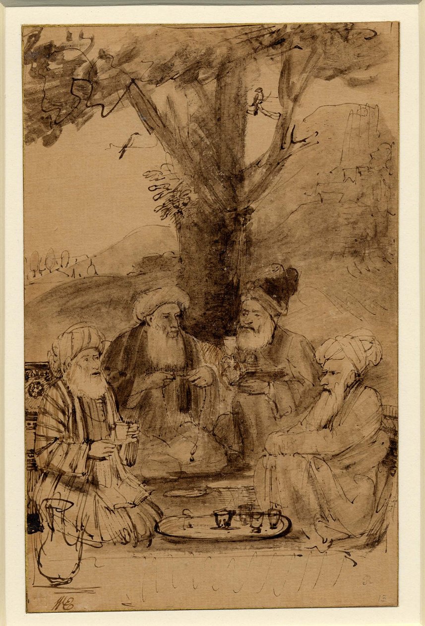 Quattro mullah seduti sotto un albero, Rembrandt, 1656-61 ca. da Rembrandt
