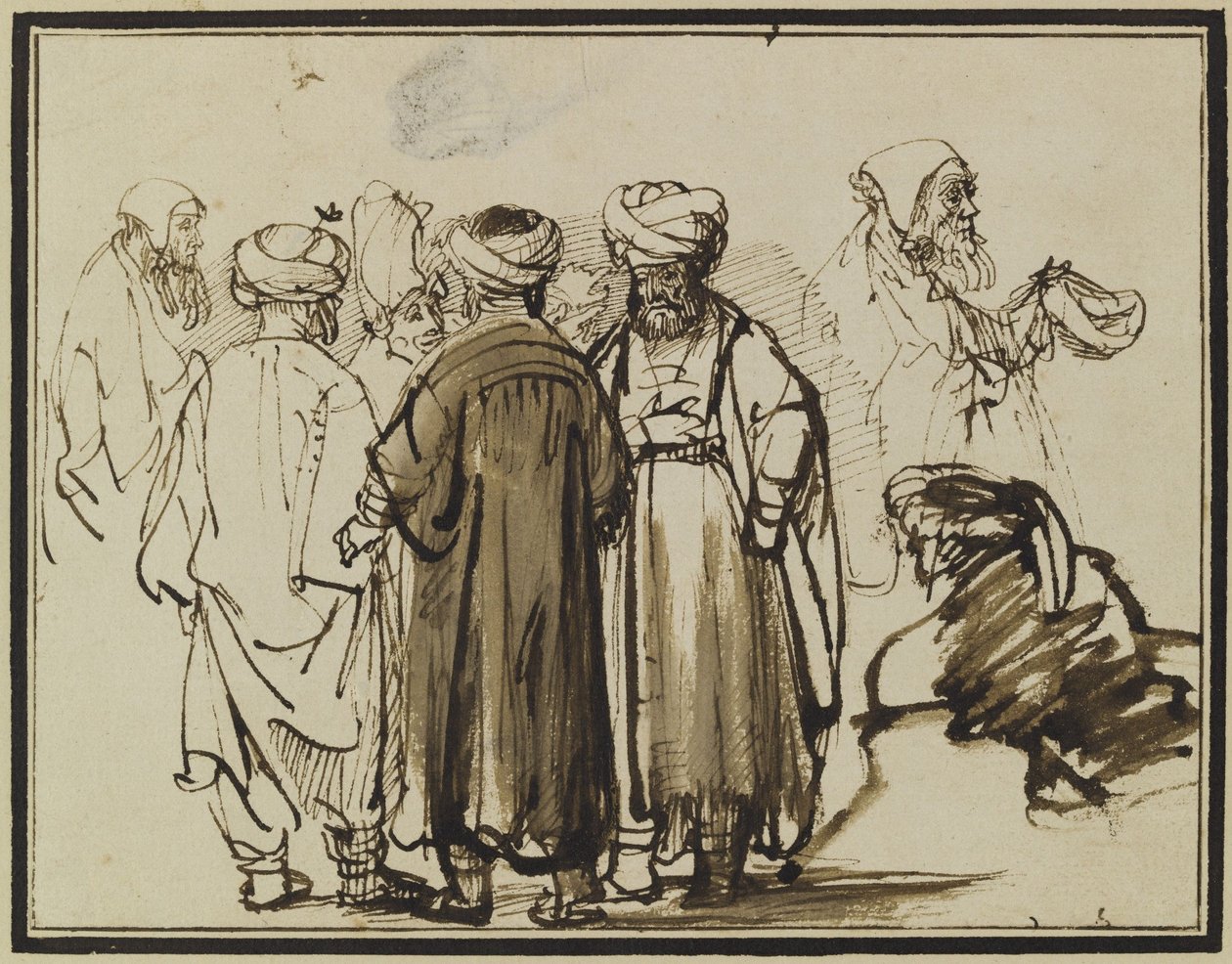 Uomini in abiti orientali e due studi di un mendicante in mezza figura. da Rembrandt