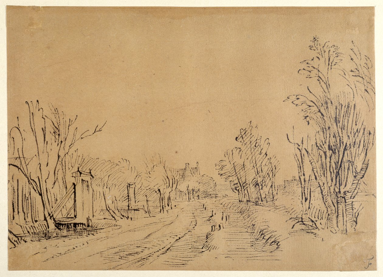 Una strada principale che conduce a una casa attraverso gli alberi da Rembrandt Harmensz. van Rijn