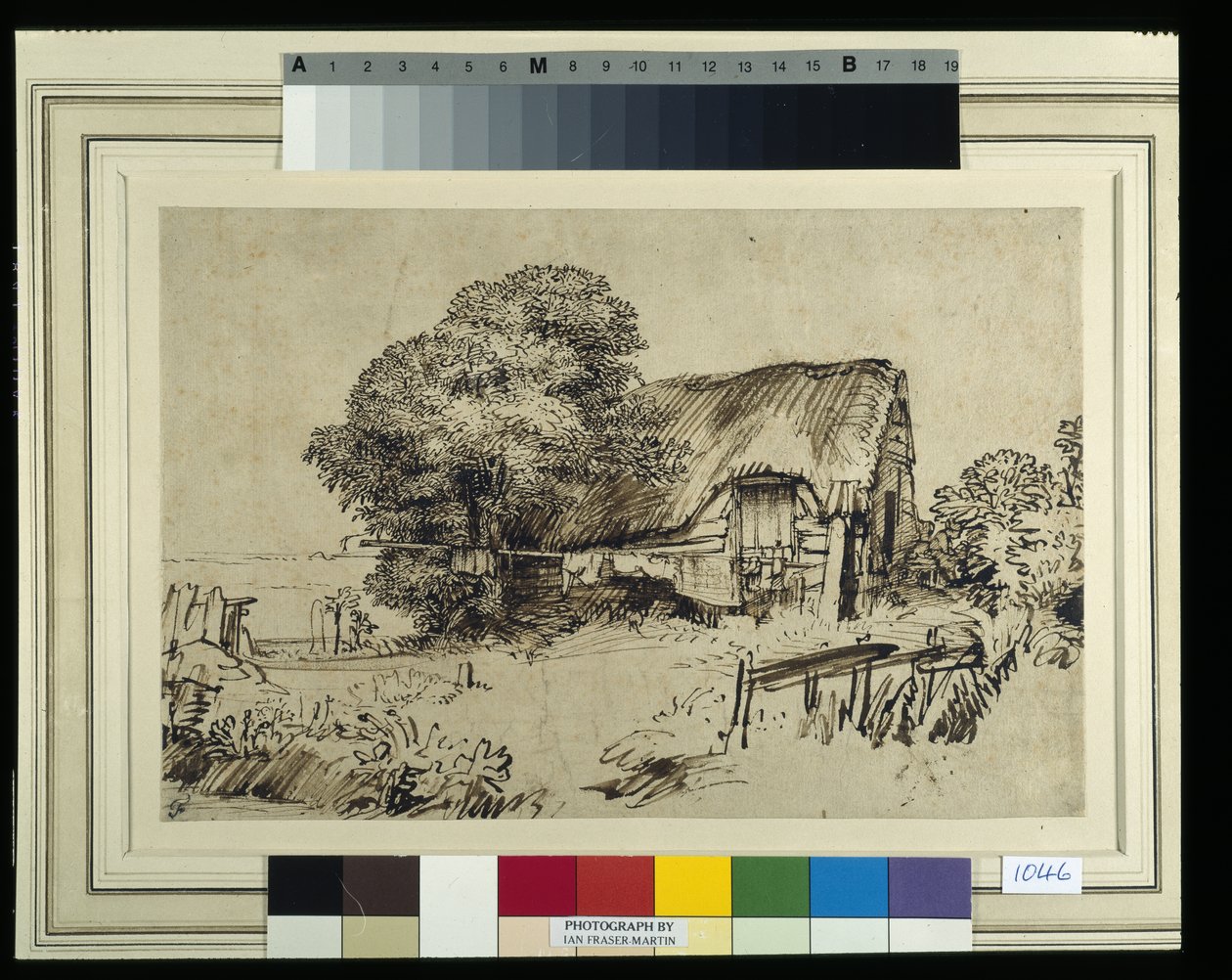 Un cottage con tetto di paglia vicino a un grande albero, una figura seduta fuori, c.1648-52 da Rembrandt Harmensz. van Rijn