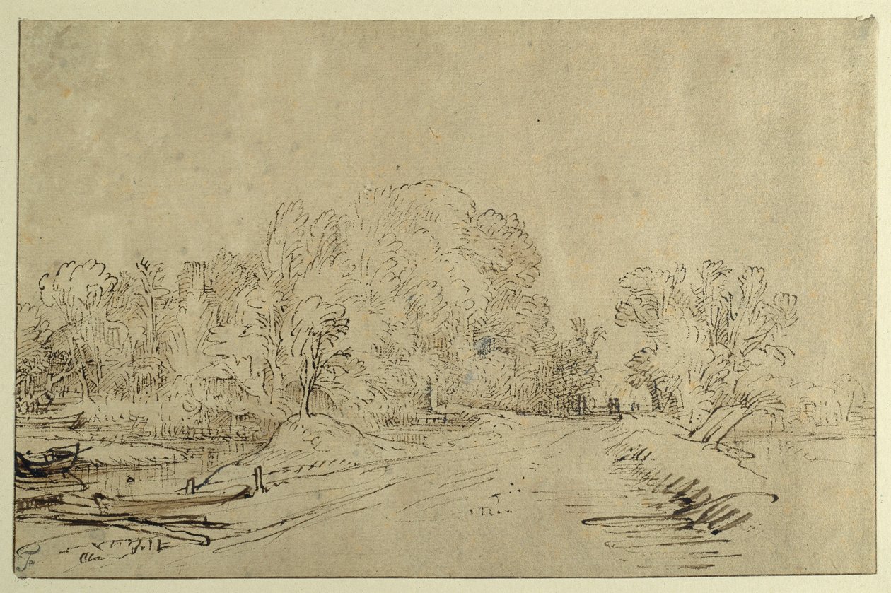 Canale con barche, una strada sul dyke e alberi da Rembrandt Harmensz. van Rijn