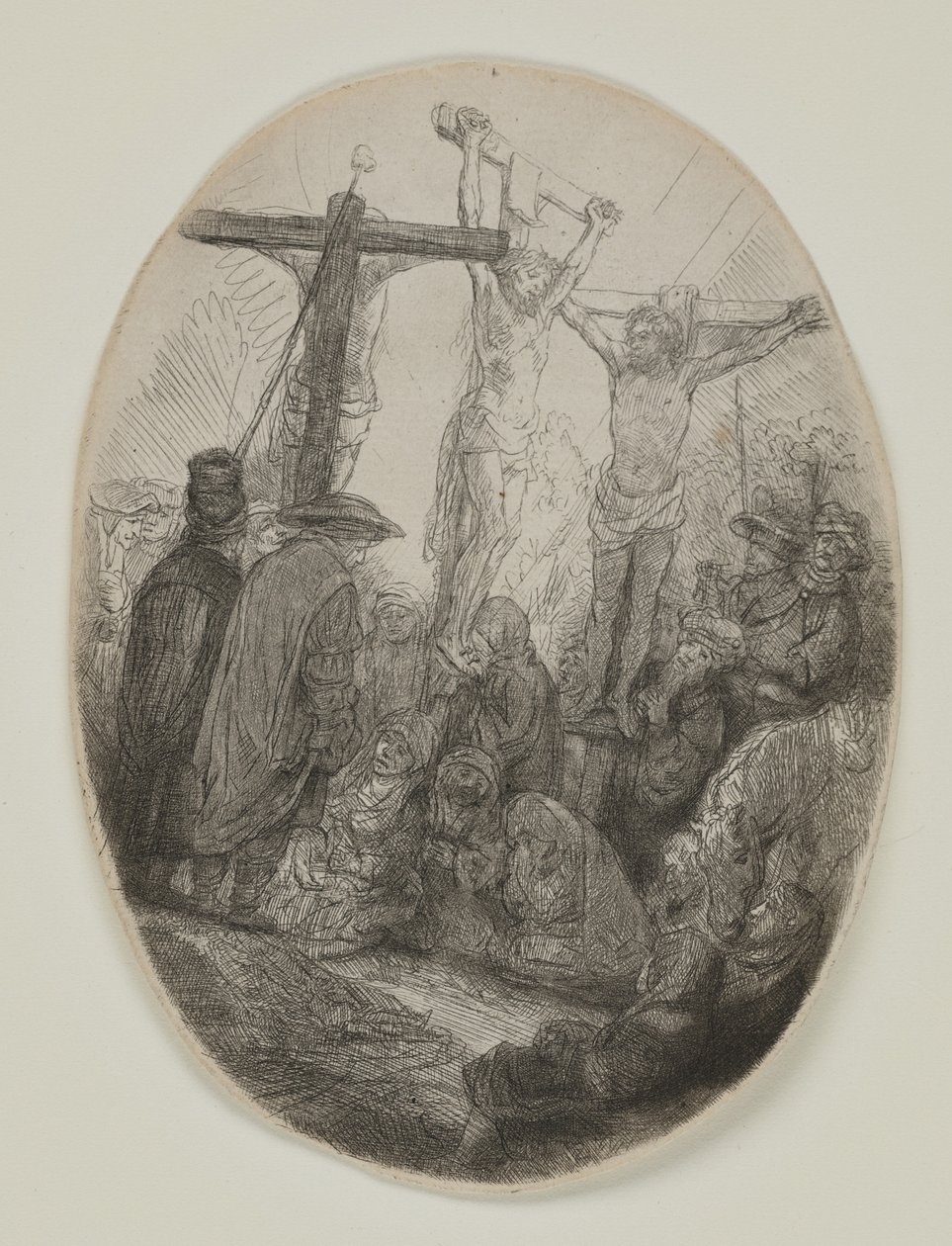 Cristo crocifisso tra due ladroni: lastra ovale da Rembrandt van Rijn