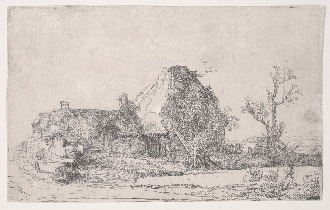 Cottage e edifici agricoli con un uomo che disegna da Rembrandt van Rijn