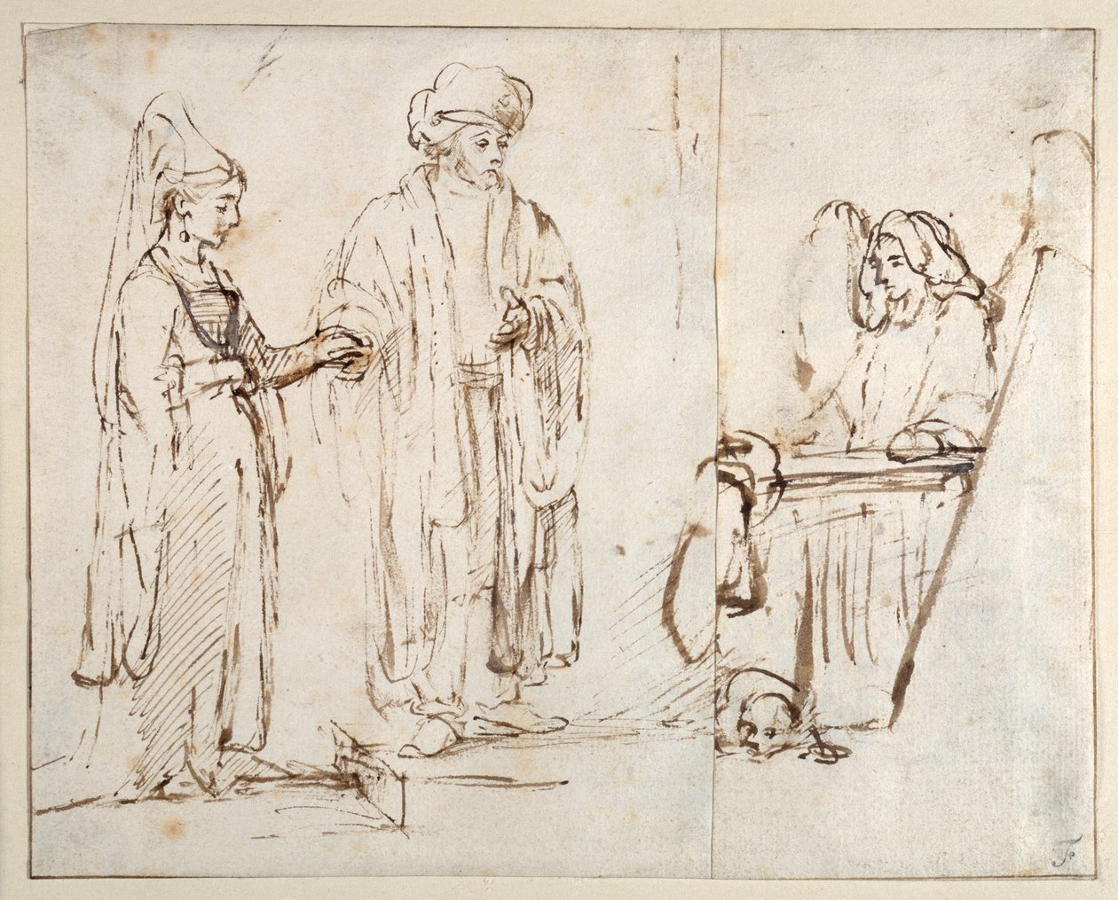 Laban porta Leah a Giacobbe, con Giacobbe sovrapposto da un frammento di un altro disegno; un angelo con un cane ai suoi piedi da Rembrandt Harmensz. van Rijn