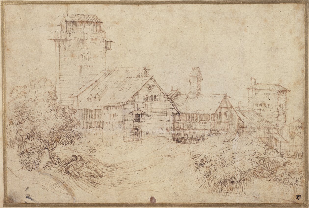 Paesaggio con edifici e amanti, abbracciati, dopo Tiziano da Rembrandt Harmensz. van Rijn