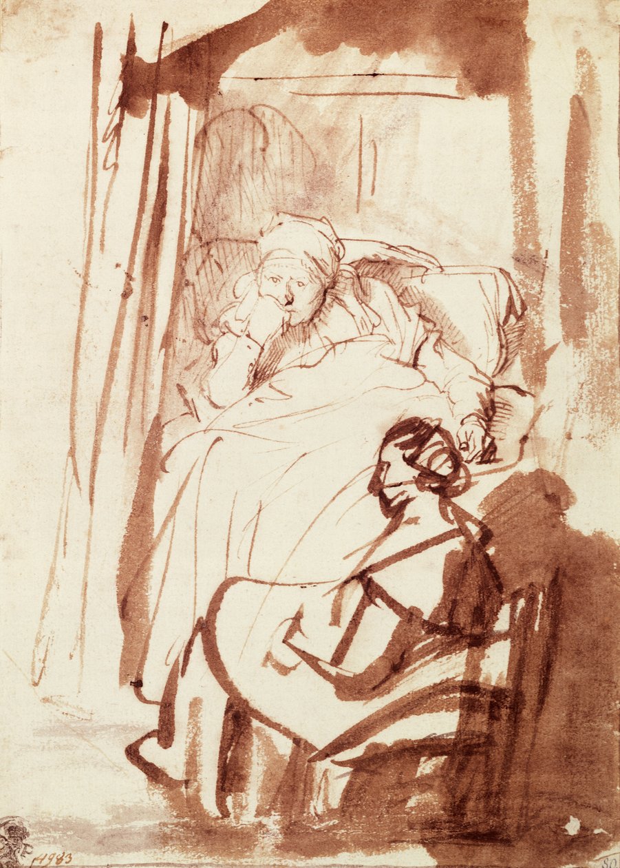 Saskia a letto, una donna seduta ai suoi piedi da Rembrandt Harmensz. van Rijn