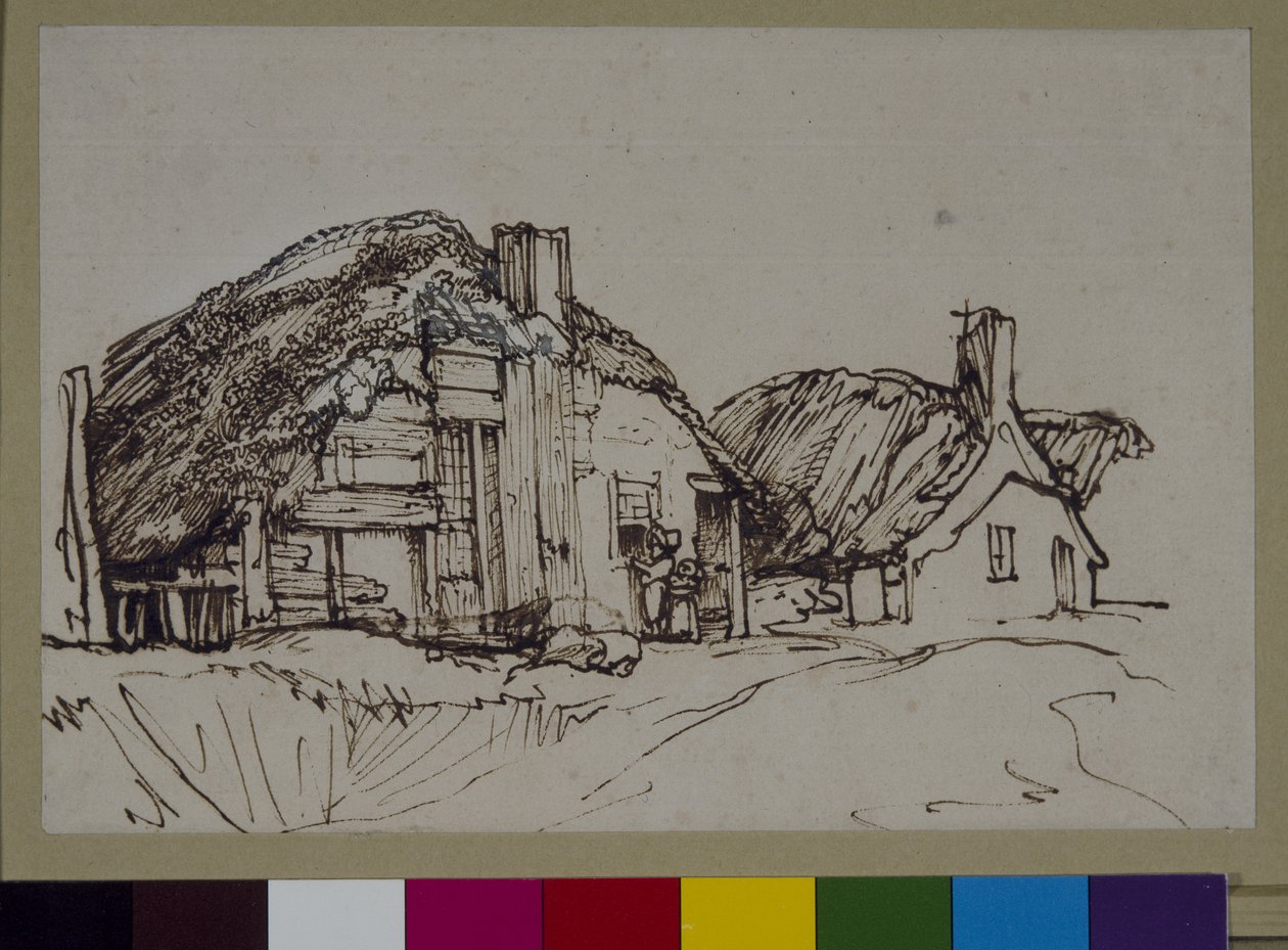Due cottage con tetto di paglia con figure alla finestra, c.1640 (penna e inchiostro su carta) da Rembrandt Harmensz. van Rijn