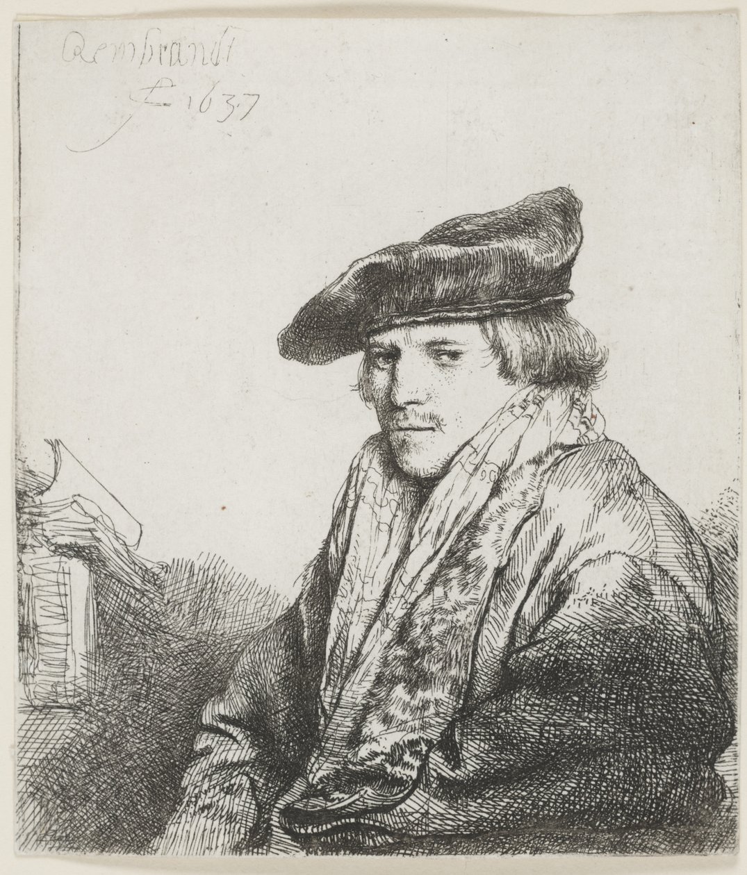 Giovane uomo con berretto di velluto e libri accanto da Rembrandt van Rijn