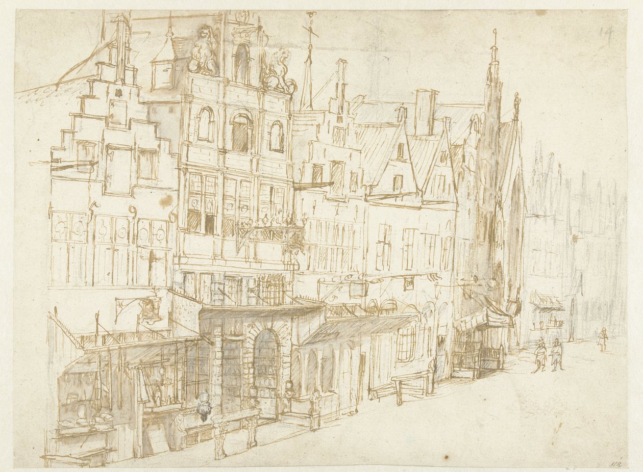 Vista di una fila di case in una città da Rembrandt van Rijn (school of)