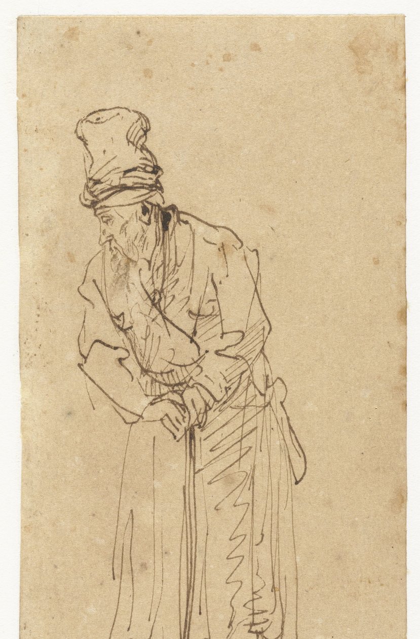 Vecchio uomo appoggiato a un bastone da Rembrandt van Rijn (school of)