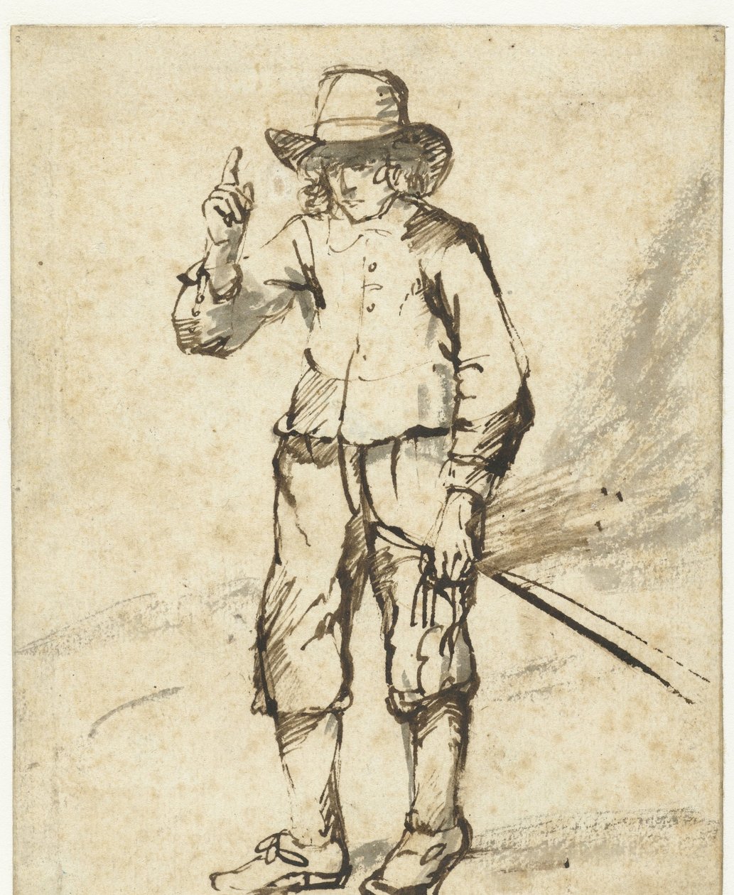 Ragazzo in piedi con una frusta e la mano destra alzata da Rembrandt van Rijn (school of)