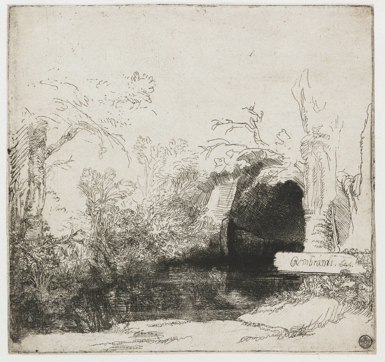 Un ruscello con una grotta e una barca da Rembrandt van Rijn