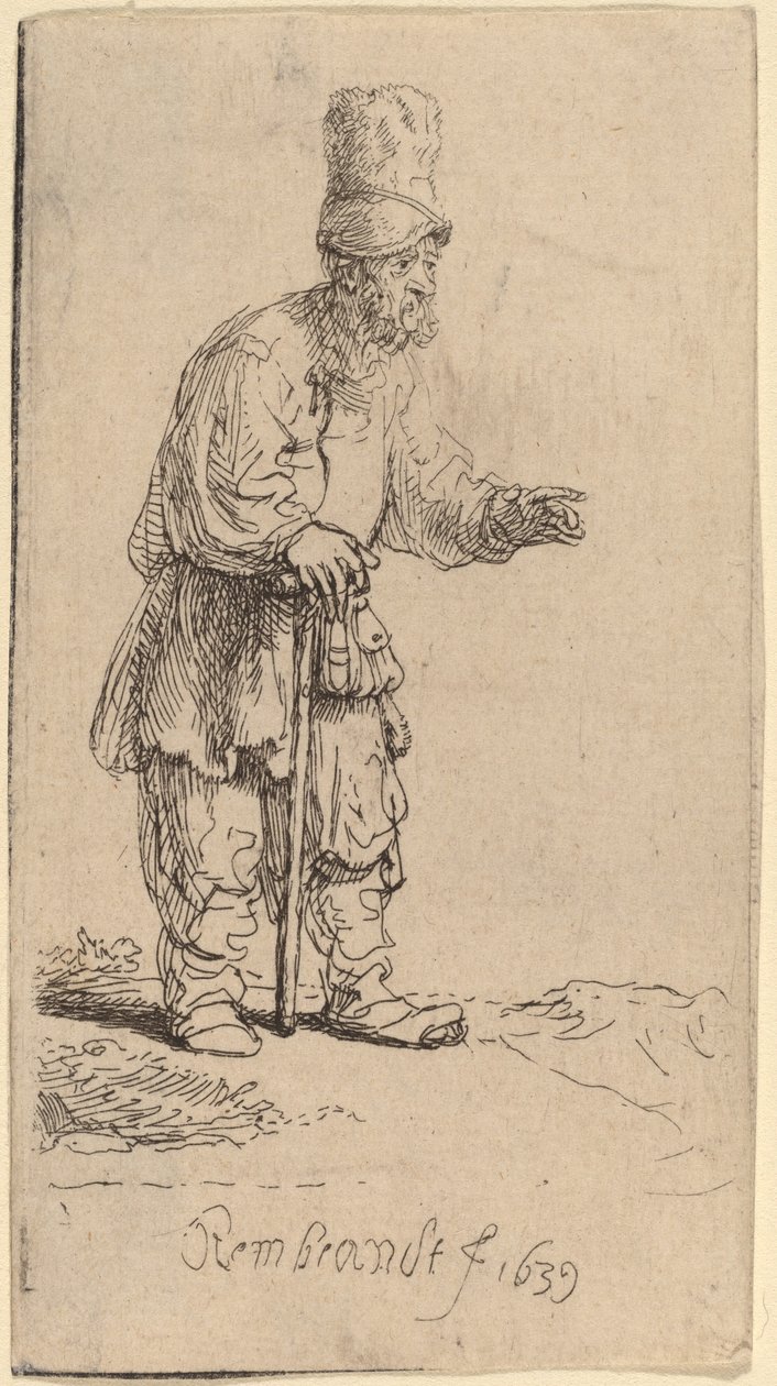 Un contadino con un cappello alto, in piedi appoggiato a un bastone da Rembrandt van Rijn