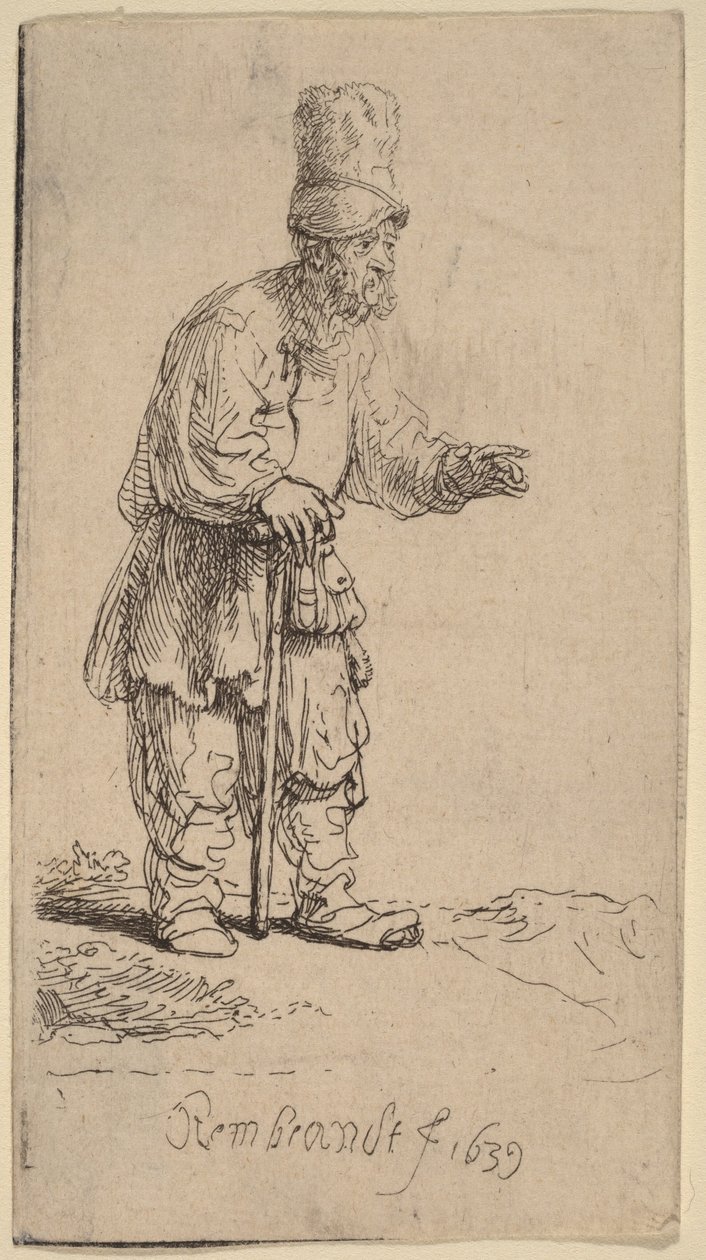 Un contadino con un berretto alto, in piedi e appoggiato a un bastone da Rembrandt van Rijn