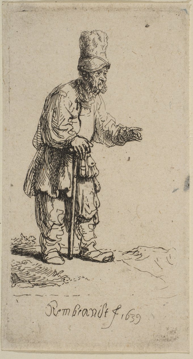 Un contadino con un cappello alto, in piedi appoggiato a un bastone, 1639 da Rembrandt van Rijn