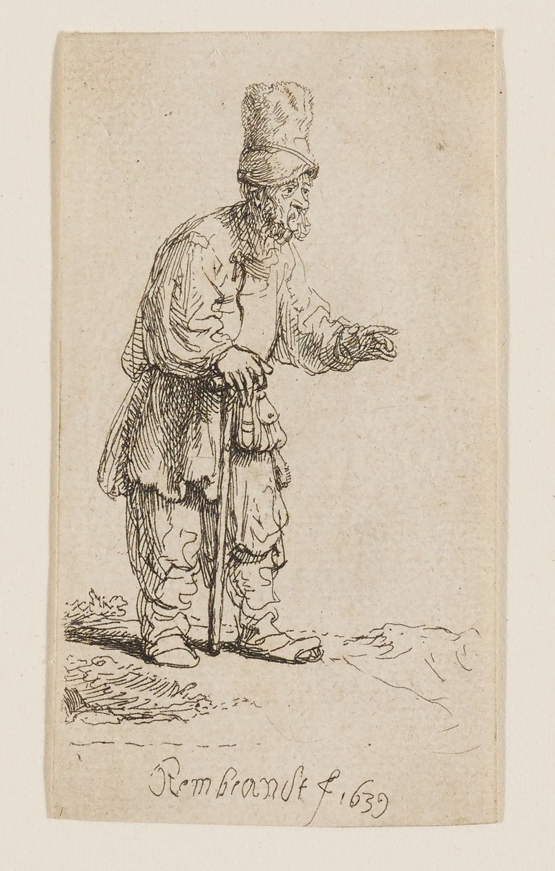 Un contadino con berretto alto, in piedi e appoggiato a un bastone da Rembrandt van Rijn