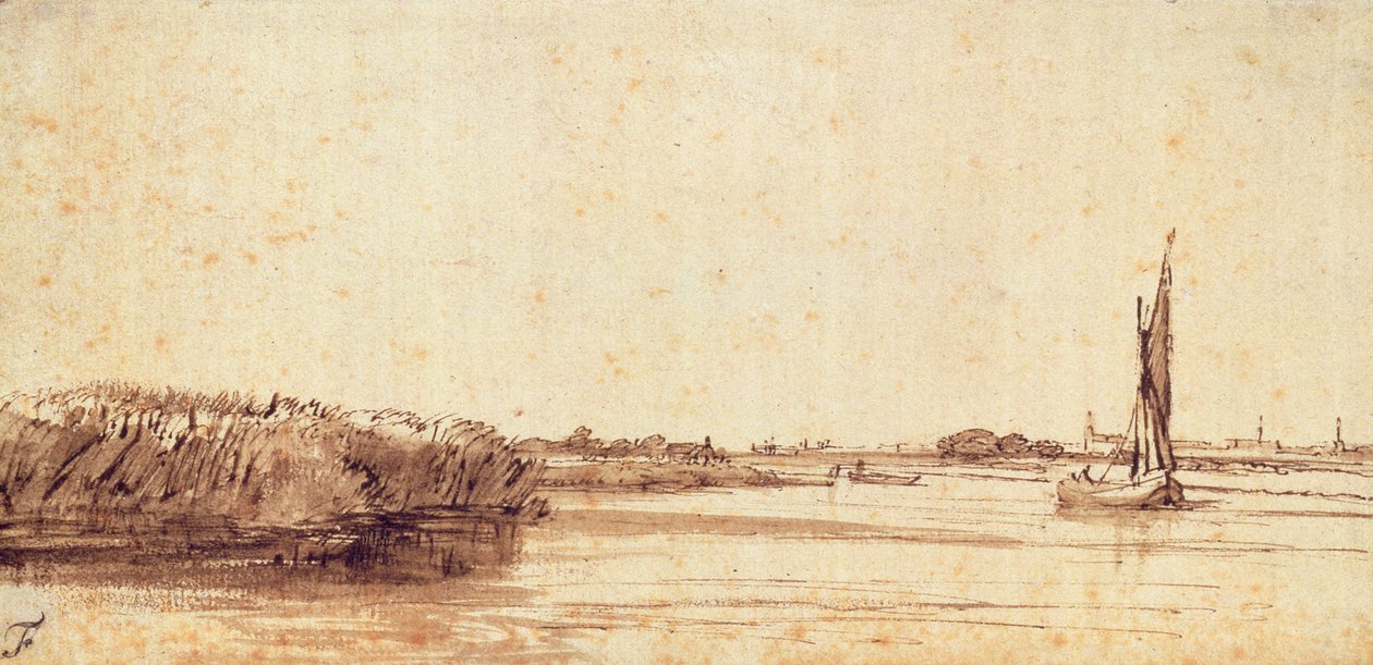 Un fiume con una barca a vela sul Nieuwe Meer da Rembrandt van Rijn