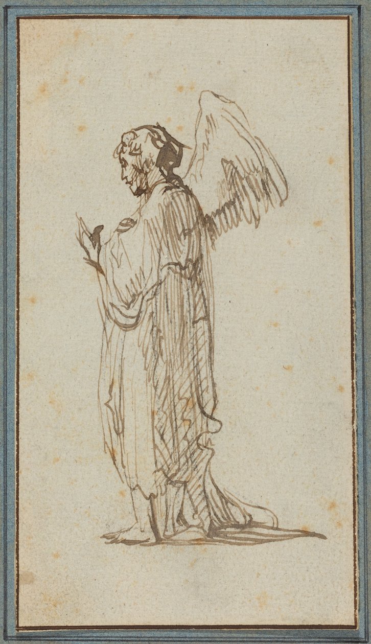 Angelo in piedi (penna e inchiostro marrone su tracce di carboncino su carta vergata) da Rembrandt van Rijn