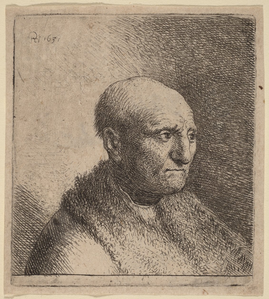 Un uomo calvo con un mantello di pelliccia da Rembrandt van Rijn