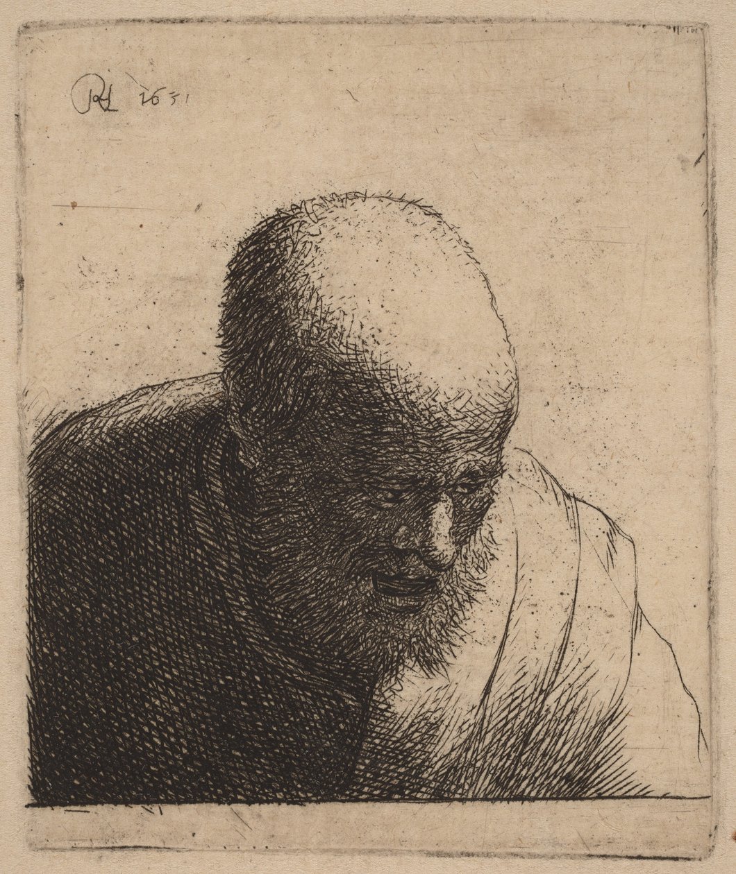 Uomo calvo con la bocca aperta, che guarda verso il basso da Rembrandt van Rijn